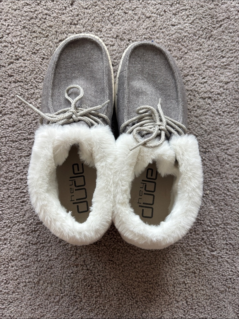Hey Dude Gray Slip-On Shoes with White Faux-Fur Lining